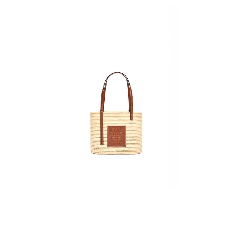 LOEWE Small Square Basket Bag in Raffia and Calfskin(HIGH-END GRADE)